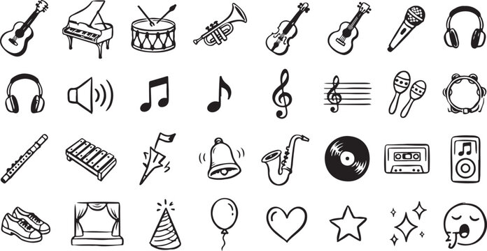 Set of various doodle musical instruments and celebration items isolated on transparent background.