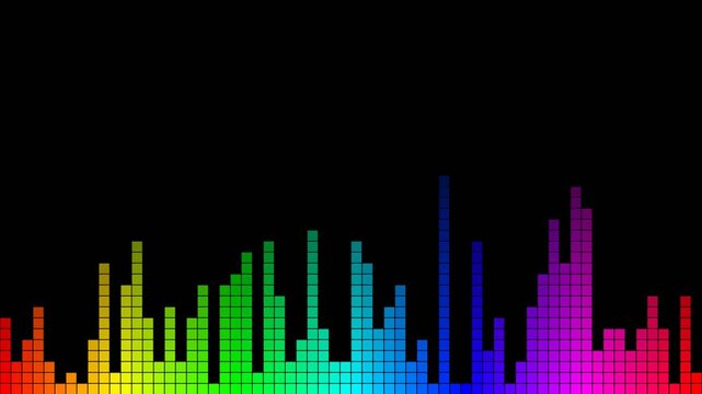 Rainbow LED audio equalizer bars sound spectrum visualizer loop with square blocks on black background