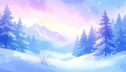 Fototapeta premium Winter Snowfall Landscape with Pine Trees and Mountains.