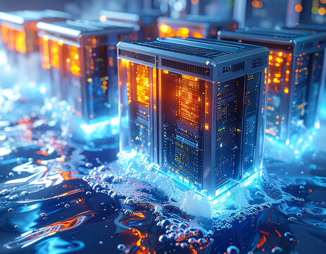 server rack hardware failure with water splashing and leaking in a modern data center