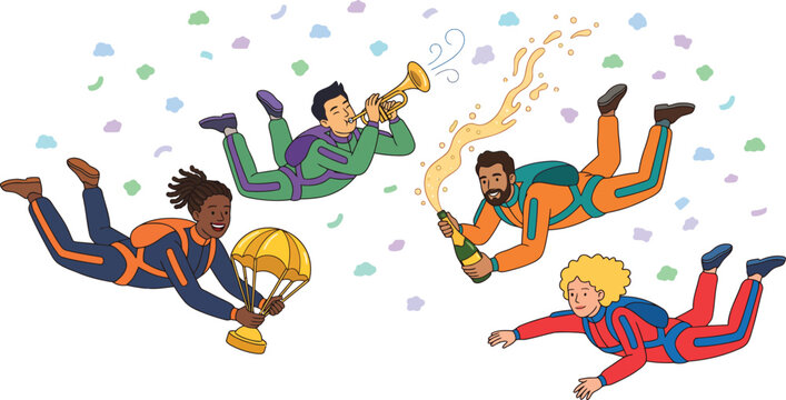 Skydivers celebrating success in freefall, diverse team skydiving with trophy and champagne, extreme sports achievement vector