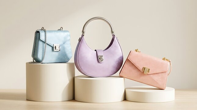 Three stylish pastel handbags in blue purple and pink displayed on cylindrical podiums. glittery handbag designs