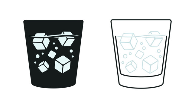 Minimalist vector illustration of whiskey glasses filled with refreshing cold ice cubes displayed in clean black and white outline style