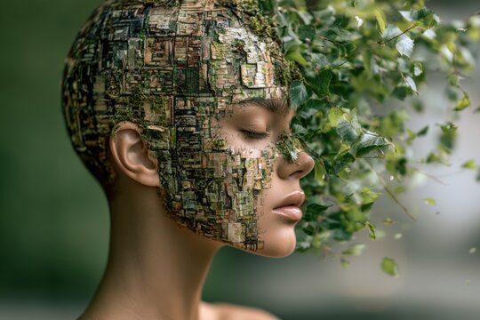 Human face profile with skin textured like ancient silver birch bark dissolving gracefully into flying green leaves with forest background on left.