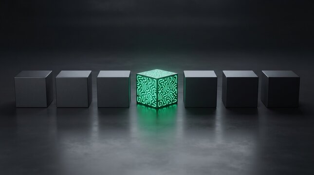 A luminous green cube with intricate patterns captivates attention amidst a line of plain gray cubes.