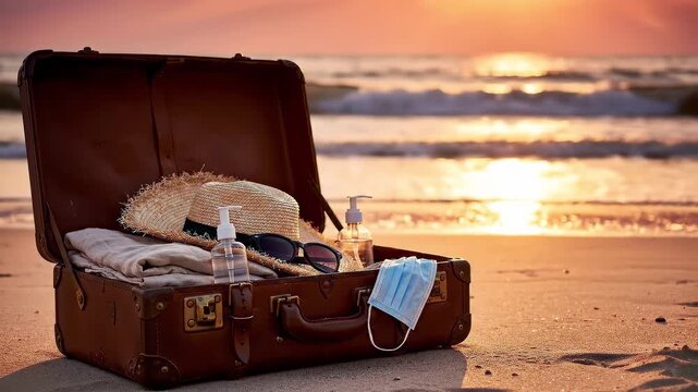 Vintage suitcase packed with travel essentials on a beach at sunset.