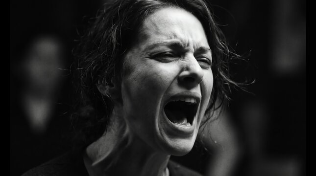 Emotional Black and White Portrait of a Woman Screaming in Despair
