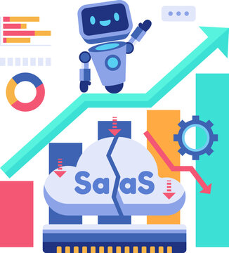 Ai Robot Riding Rising Arrow with Broken SaaS Cloud Business. AI Disrupting SaaS Concept