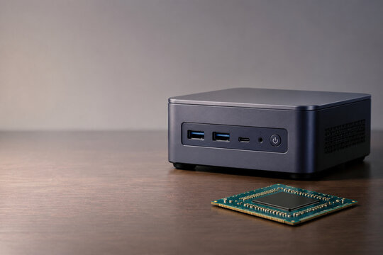 Mini PC with computer chip on desk, technology and compact computing concept