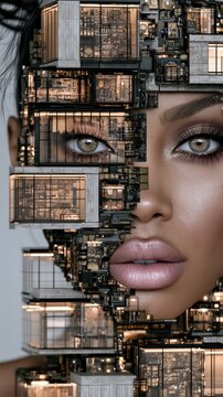 Human face half-morphed into sleek modern concrete pillar with warm glowing light strips and soft neutral grey background on the left.