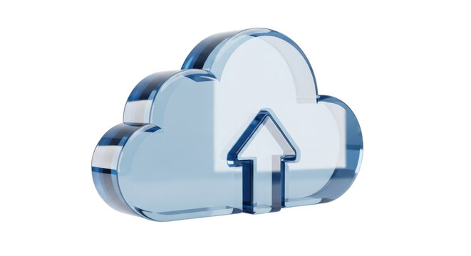 3D transparent blue cloud icon with upward arrow symbol on white background