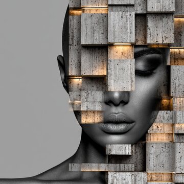 Human face half-morphed into sleek modern concrete pillar with warm glowing light strips and soft neutral grey background on the left.