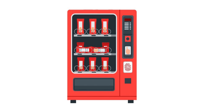 Modern red vending machine with touch screen and fingerprint recognition for automatic snack purchasing, flat vector illustration isolated on white background
