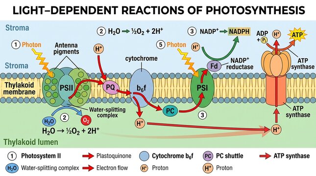 Educational diagram showing light-dependent reactions of photosynthesis inside chloroplast membrane with thylakoid membrane electron transport atp synthase plant cell