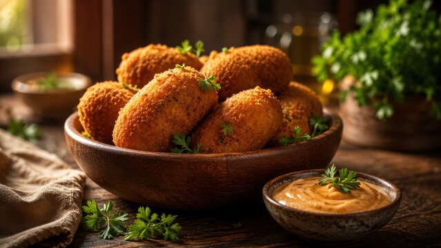 A wooden bowl filled with golden-brown fried croquettes served with a small side dish of creamy dipping sauce and fresh green parsley garnish