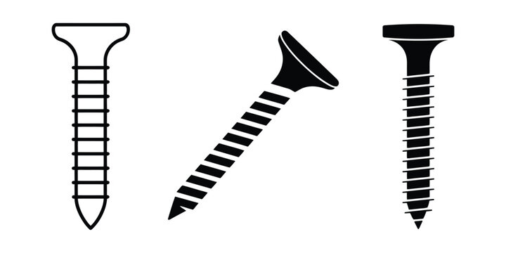 Screw icon featuring metal fastener, Phillips wood screw, construction hardware, and industrial fixing symbols in outline and silhouette styles