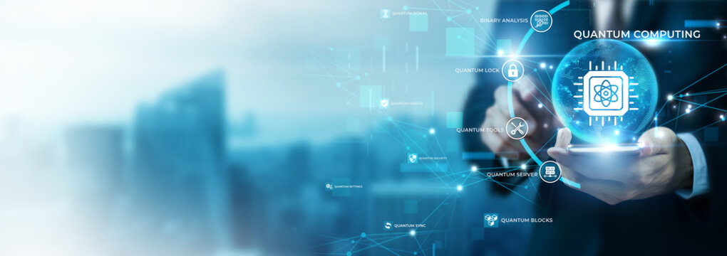 Businessman Using Phone for Quantum Computing and Global Data Analysis. Next Gen Quantum Processing, Advanced Supercomputing Tech, Complex Algorithm Calculations, Futuristic Science