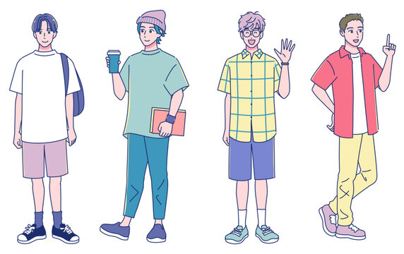 夏のファッション　元気な若い男子学生のセット