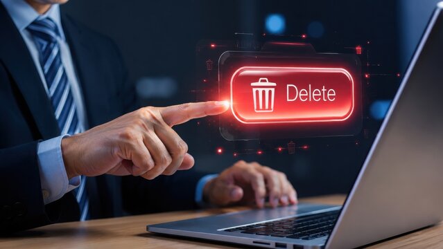 Businessman pointing at a glowing red delete button floating above a laptop keyboard in a dark office setting for digital file management
