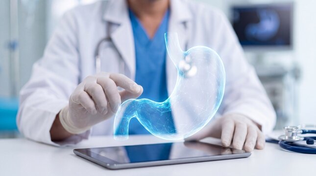Doctor analyzing a glowing holographic stomach model using a digital tablet, 3D digital diagnosis of the digestive system and stomach