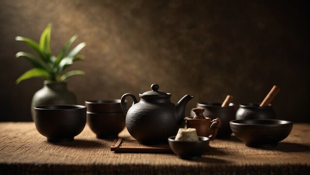 Wooden table topped with bowls and tea pot, high quality conceptual artwork - Generative AI