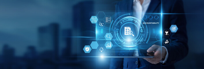 Obraz premium Businessman Hand Holding Digital Tablet to Analyze Accountability Data and Business Responsibility, Corporate Governance, Financial Compliance, Transparency, Performance Metric, Risk Management