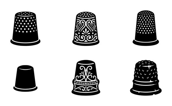 70 Set of Six Vintage Thimbles, Sewing Tools Collection, Retro Craft Accessories, Black and White Vector Icons for Needlework and Tailoring 100