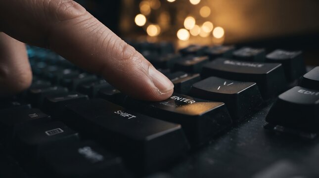 Close up view of a finger pressing the enter key on a black computer keyboard with computer hardware office work data entry input device mechanical keyboard business