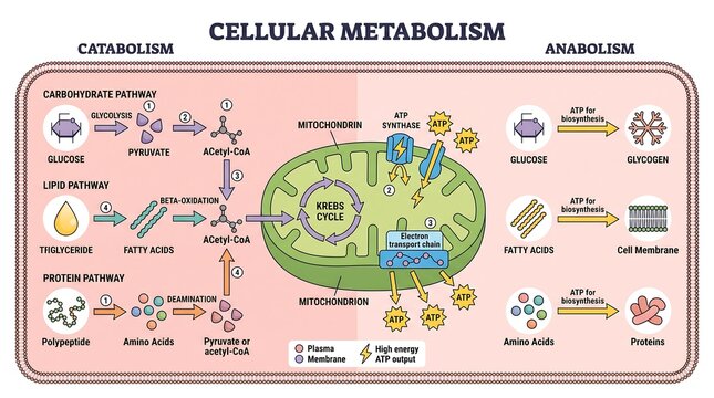 Cellular Metabolism Diagram Explained &ndash; Catabolism vs Anabolism, ATP Production, Enzymes, Mitochondria, Cell Structure, Biochemical Pathways, Biology Education Vector Illustration Chart