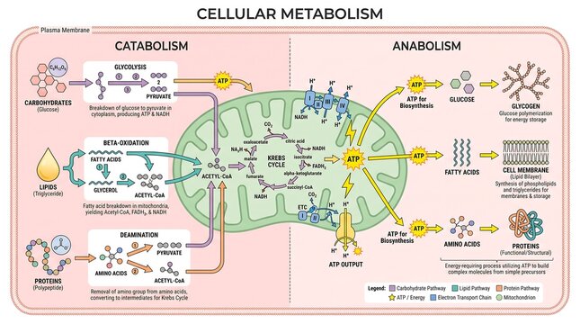 Educational infographic diagram depicting biological process of cellular metabolism illustrating catabolic pathways for energy production and anabolic pathways for synthesis.