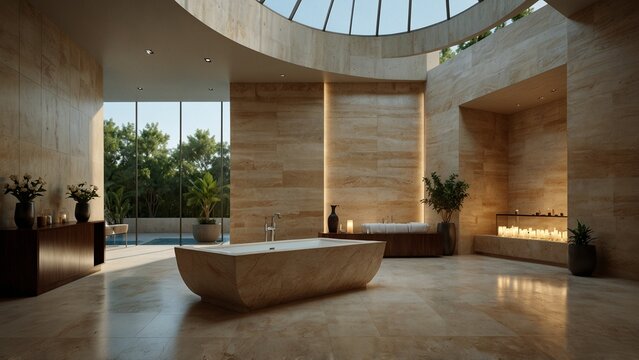 Creative composition of bath room with large tub and large window - Generative AI