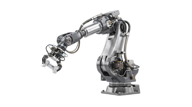 Industrial robotic arm with mechanical gripper, automated factory robot for manufacturing, silver metallic machinery on white background