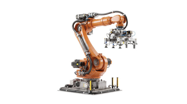 Industrial orange robotic arm, automated factory machinery on white background, heavy duty robot manipulator for manufacturing