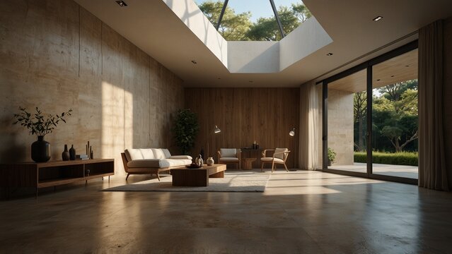 Living room with skylight and couch, fantasy style digital art - Generative AI