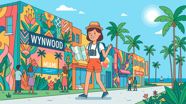 A cheerful flat design illustration depicting a stylized tourist with a map and camera, discovering vibrant outdoor art installations and murals in a sunny Miami art district. 