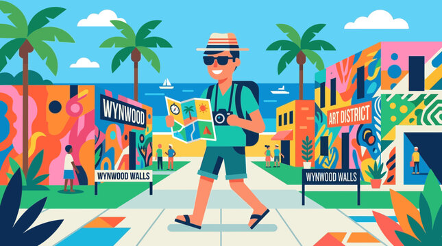 A cheerful flat design illustration depicting a stylized tourist with a map and camera, discovering vibrant outdoor art installations and murals in a sunny Miami art district. 