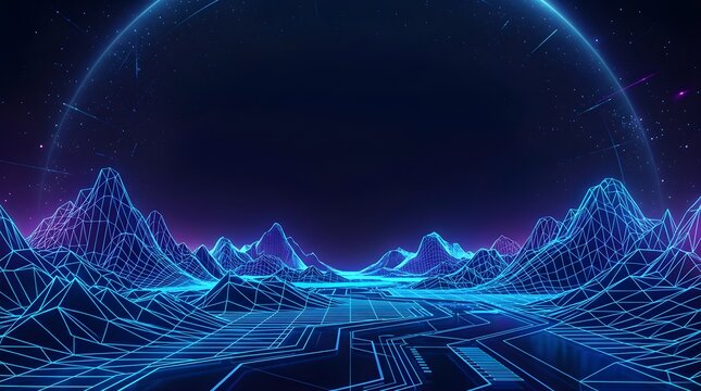 Futuristic glowing blue wireframe mountain landscape with dark starry sky