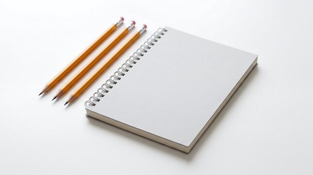 Blank spiral notebook mockup with three yellow pencils on white background