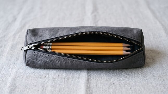 Minimalist grey pencil case with yellow pencils on white linen background