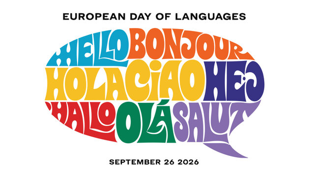 Colorful speech bubble featuring many multilingual greetings for international language day
