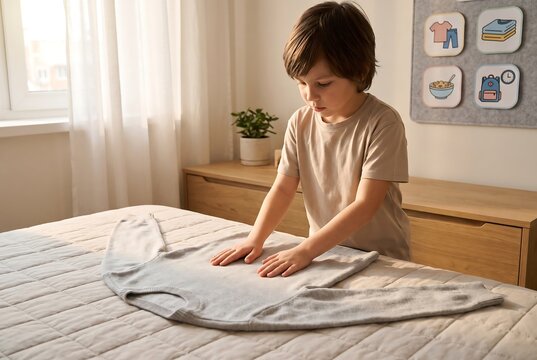 Child Making Bed During Morning Independence Routine