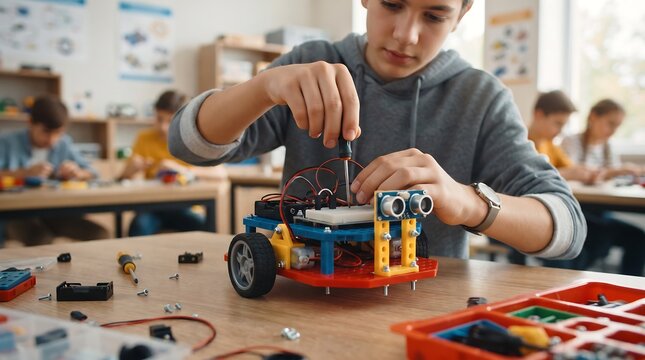 Teen building DIY robot in STEM class