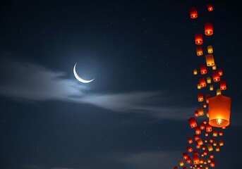 Fototapeta premium Moonlit sky with floating red lanterns