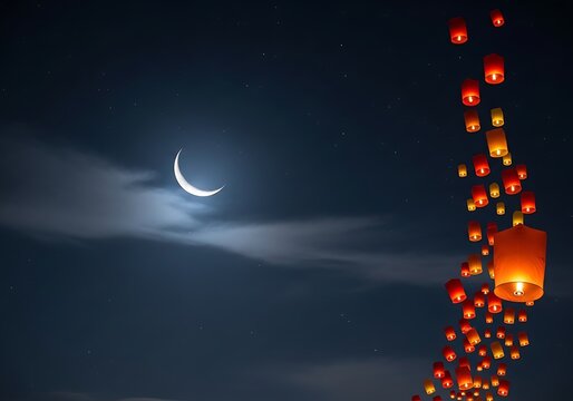 Moonlit sky with floating red lanterns