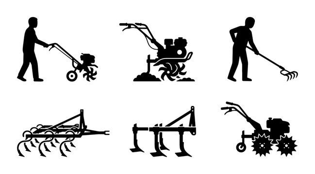 Agricultural Equipment Silhouettes: Tiller, Plow, Cultivator, Rake, Farming Machines