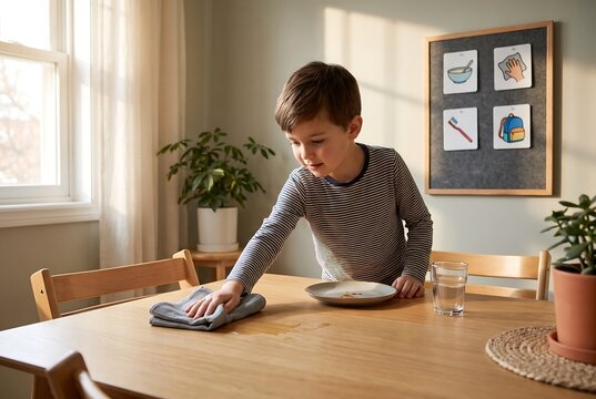 Child Wiping Dining Table During Household Routine