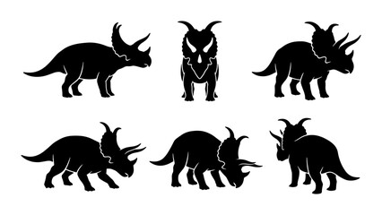 Obraz premium Triceratops Dinosaur Silhouettes, Prehistoric Reptile Vector Icons, Ancient Creature Graphics