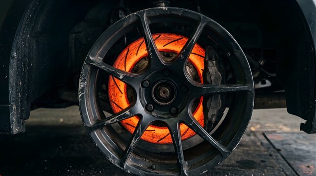 Glowing hot brake disc on a performance car wheel during a test drive