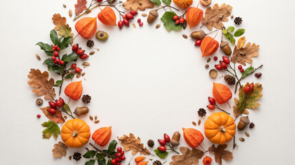 Obraz premium Autumn wreath frame with pumpkins, dried leaves, and berries on white background Decorative fall harvest wreath frame with seasonal autumn elements.