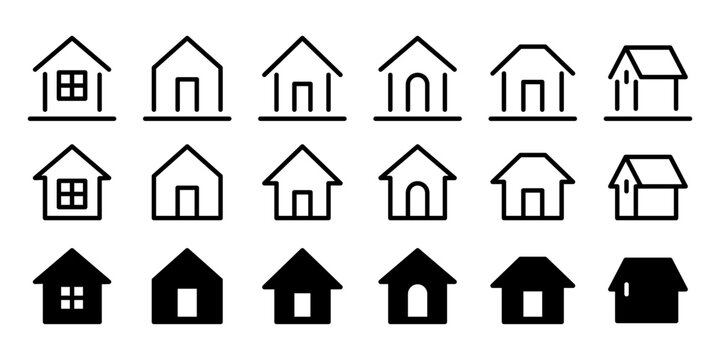 シンプルな家と住宅の線画、途切れた線、シルエットアイコンセット、ベクター素材